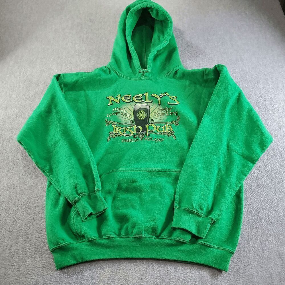 Neely Irish Pub Hoodie Mens Large Green Gildan May Your Cup Ne'er Run Dry Pullov